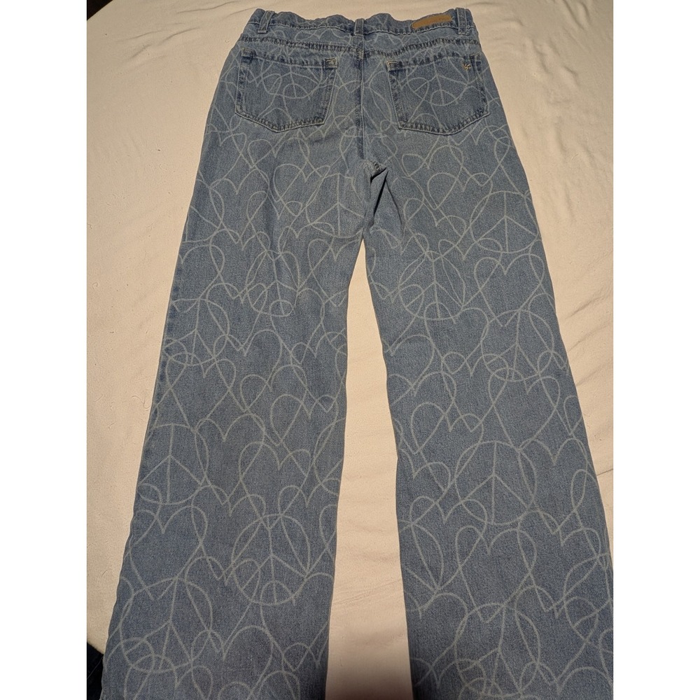 Justice Girls Blue Heart Peace Sign Print Wide Leg Denim Jeans Size 14 - Picture 2 of 4